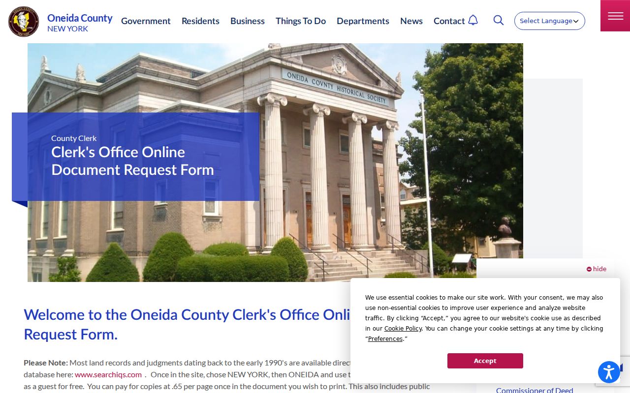 Oneida County previous residents County Clerk document copy request
