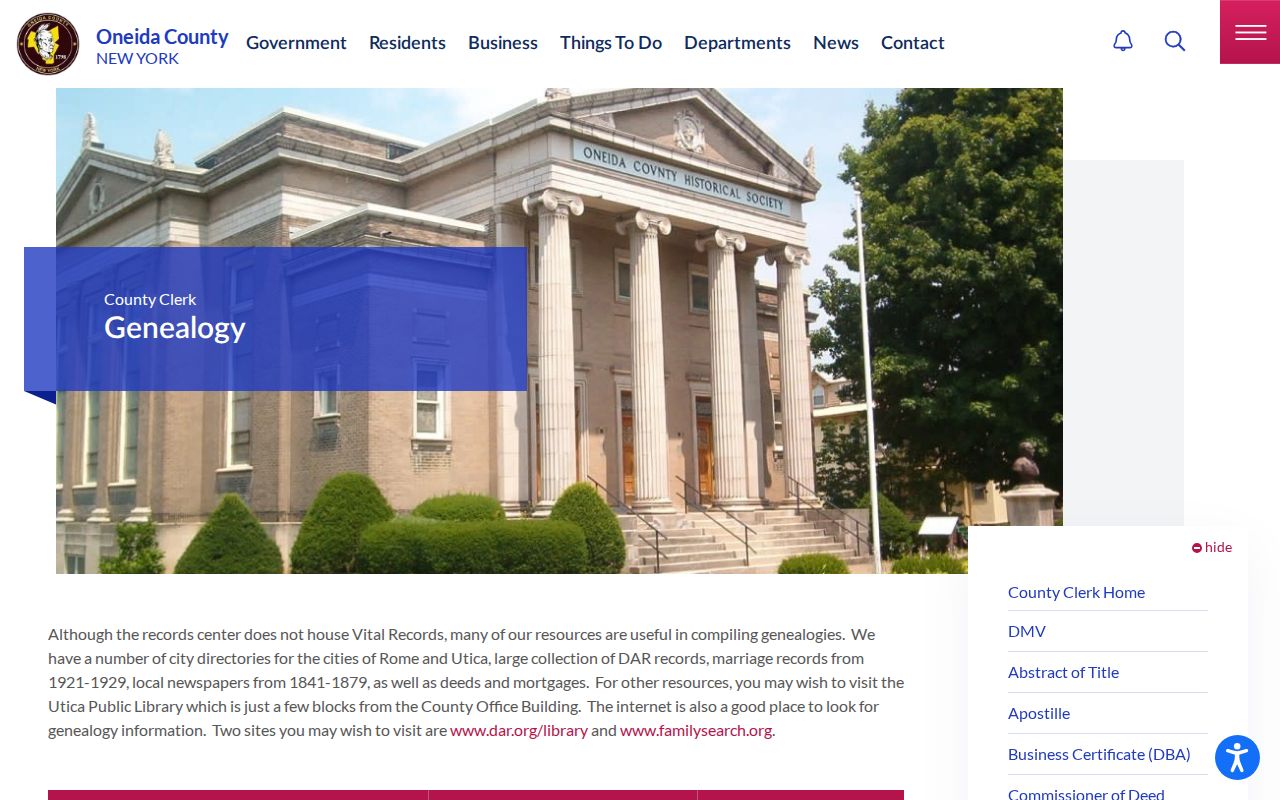 Oneida County previous residents genealogy resources at County Clerk