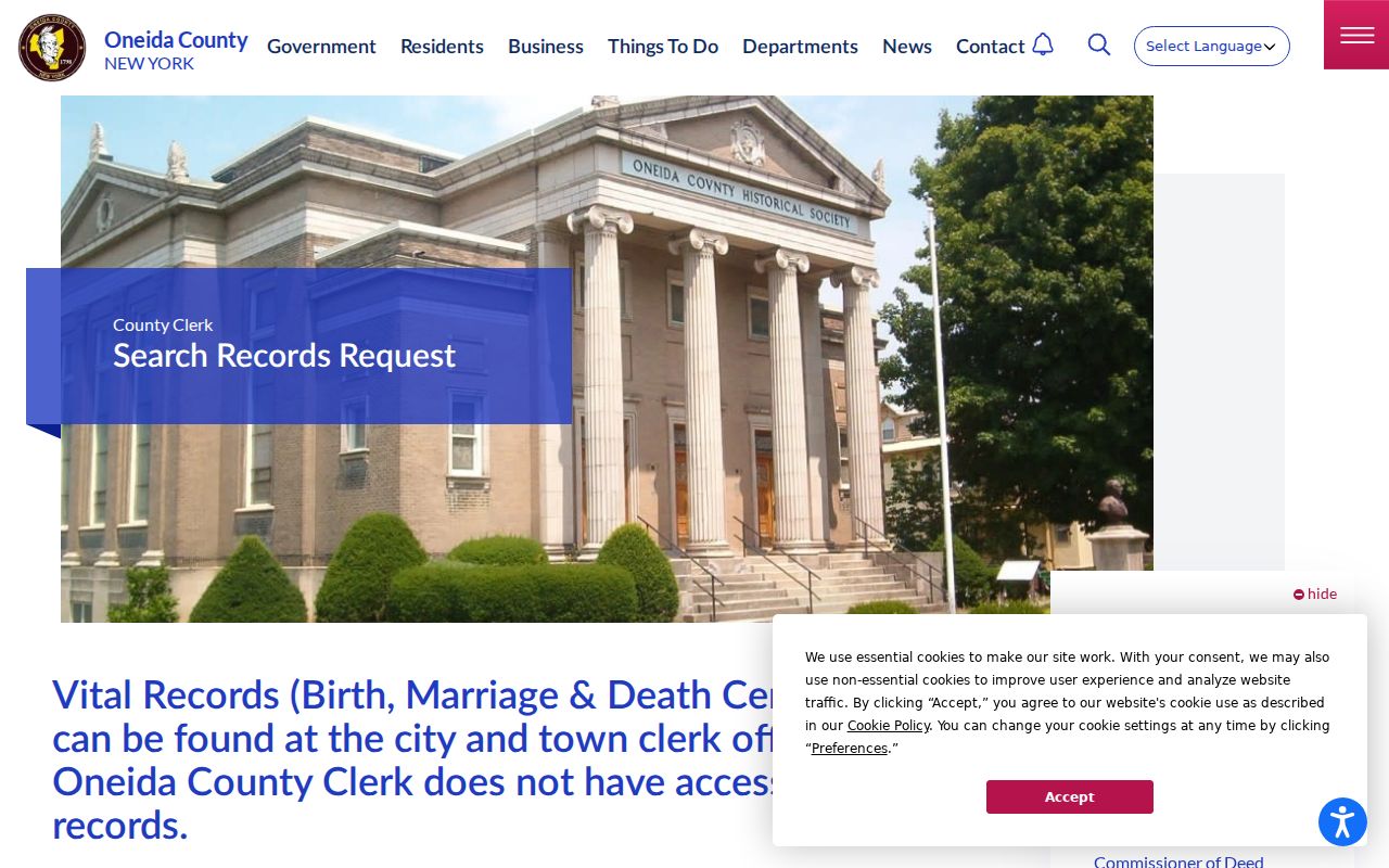 Oneida County previous residents County Clerk record search request